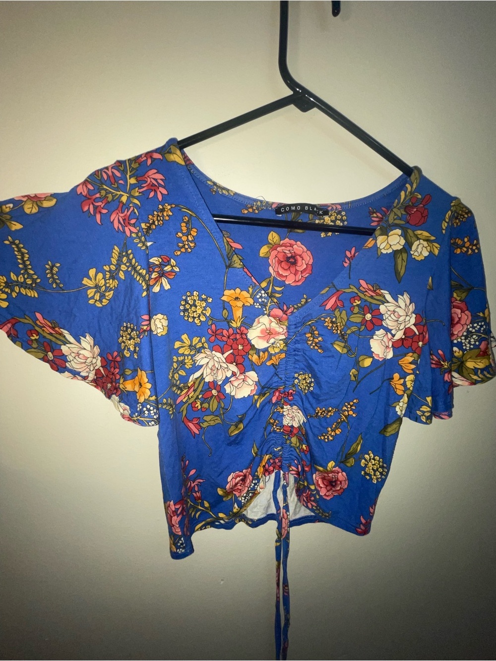 Como Black Blue Floral Crop Top - Size Small